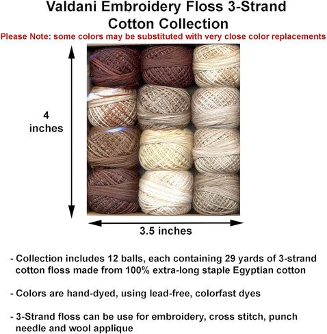 Valdani التطريز Floss 3-Strand Cotton 12 ball-ball beige و brown collection (3SF-BGEBWN) مع Ripper و Needle threader in Kuwait