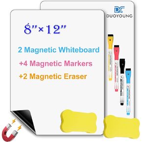 2 Pack PET Magnetic Whiteboard for Fridge, Small Magnetic Dry Erase Boards with 8 Markers and 2 Eraser, Reusable Blank Magnet White Board Sheets for Home, Kitchen, Office, Classroom - 12" x 8"