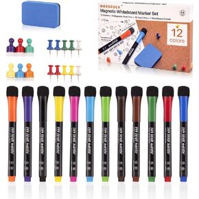 Dry Erase Markers Fine Tip - 8 Count Colorful Low Odor Magnetic Whiteboard Markers with Eraser, 6 Magnets, 10 Push Pins & a Whiteboard Eraser for Kids School Supplies Calendar Boards Office