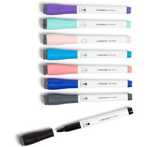 U Brands Dry Erase Markers with Erasers, Set of 8, Assorted Pastel Colors, Low-Odor, Medium (2 mm) Point