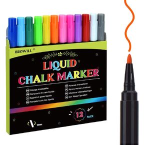 12 x Chalk Markers,Liquid Chalk Markers, Chalkboard Markers for Acrylic Fridge Calendar Board,Window, Mirror,Glass,12 Vibrant Colors, 1mm Fine Points