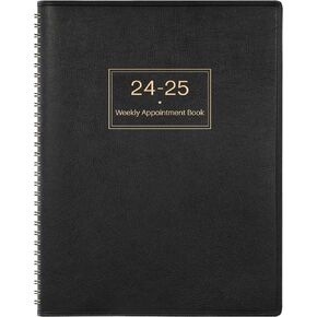 2024-2025 Appointment Book & Planner - 2024-2025 Daily Hourly Planner, 8" x 10", July 2024 - June 2025, 2024-2025 Weekly Appointment Book with 15-Minute Interval, Leather Cover - Black