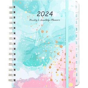 مخطط 2024 - تقويم يومي وأسبوعي وشهري، يناير 2024 - ديسمبر 2024، A5 (6.5 × 8.5 بوصة)، غلاف مقوى مع غلاف حلزوني، 12 علامة تبويب شهرية، إغلاق مرن، تصميم بألوان مائية in Kuwait