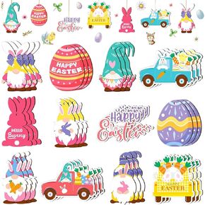 Easter Wooden Hanging Ornaments: 36 Pcs Easter Tree Ornaments Egg Gnome Bunny Truck Wood Ornament Rustic Farmhouse Party Home
