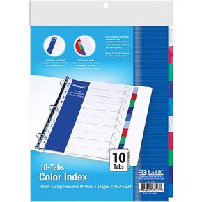 BAZIC Binder Dividers w/ 10 Color Tabs 8. 5" x 11", 11 Hole Punch Plastic Index Divider with Tab for 3 Ring Binders, (10/Pack), 1-Pack