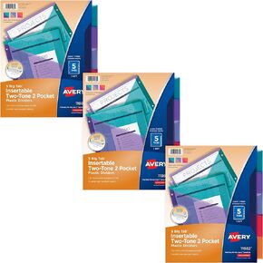 فواصل جيب بلاستيكية قابلة للإدخال من Avery Big Tab لـ 3 مجلدات حلقية، مجموعة 5 علامات تبويب، متعددة الألوان بلونين، تعمل مع واقيات الأوراق، مجموعة مقسمة واحدة (11982)