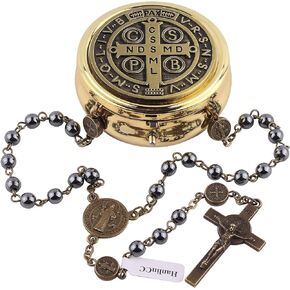 6mm Hematite Black Stone Beads with Anti-Bronze Saint Benedict Center Piece Medal and Crucifix Catholic Rosary Necklace for Men and Women with Metal Gold Catholic Rosary Gift Box