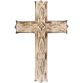 Wooden Wall Cross Plaque 9" Long Hanging with Hand Carvings Religious Altar Home Living Room Decor
