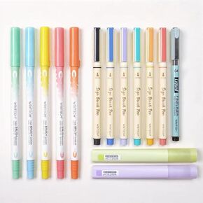 WRITECH Lettering Brush Markers Highlighters: Sign Brush Pens Assorted Color Highlighter Liquid Fineliner Pen Multicolor Ink Dual Tip Brush Marker Bulk Journaling Drawing Writing Set No Bleed 14ct