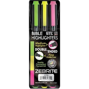 G.T. Luscombe Company, Inc. Zebrite Double Ended Bible Highlighters | No Bleed Pigmented Ink, No Fading or Smearing | Double Ended Fluorescent Multicolor for Highlighting & Underlining (Set of 5)