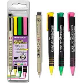 G.T. Luscombe Company, Inc. Bible Dry-Liner Study Kit | Bible Safe No Bleed Pigmented Ink | No Smearing or Fading | 01 Black Pigma Micron, Refillable Highlighters Yellow, Green, Pink (Set of 4)