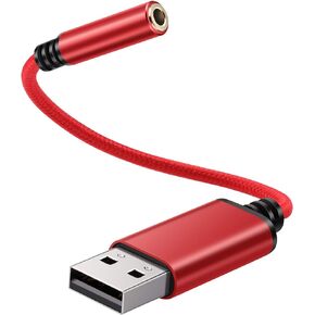 USB to 3.5mm Headphone Jack Audio Adapter, Support USB to TRRS 4-Pole 3.5 aux Port Headset, External Stereo Sound Card for PC, Laptop, PS4,Mac etc (0.6 Feet, Red)