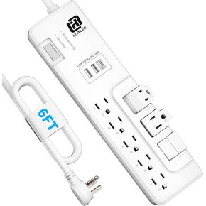 USB Power Strip Surge Protector - with Rotating Outlets, 3 Roating & 5 Standard Outlets, 2300J Surge Protection, 3 USB Ports (1 USB C), Flat Plug, 14AWG 6FT Extension Cord, PD 18W Fast Charging