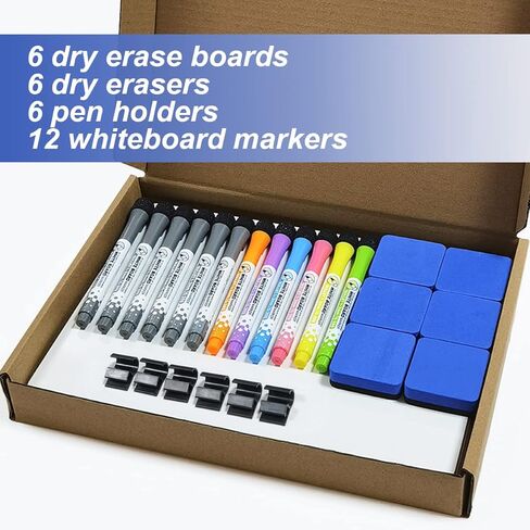 6 عبوات من ألواح المسح الجاف، سبورة بيضاء صغيرة بحامل مزدوج الجوانب مقاس 9 × 12 بوصة للأطفال والطلاب ومستلزمات الفصول الدراسية لمدرسي التعليم، وألواح بيضاء صغيرة محمولة للعمل المكتبي مع 12 صانعًا و6 ممحاة in Kuwait