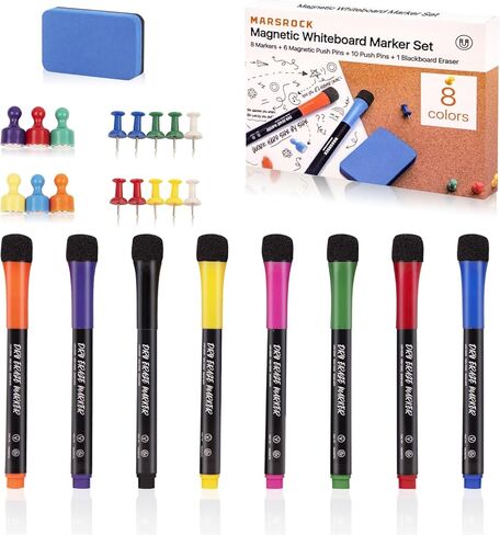 Dry Erase Markers Fine Tip - 8 Count Colorful Low Odor Magnetic Whiteboard Markers with Eraser, 6 Magnets, 10 Push Pins & a Whiteboard Eraser for Kids School Supplies Calendar Boards Office in Saudi Arabia