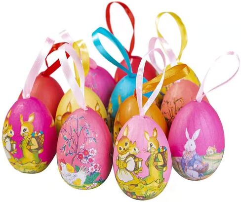 12Pcs Easter Eggs Hanging Tree Ornaments with Cartoon Rabbit Painting for Easter Decorations in Saudi Arabia