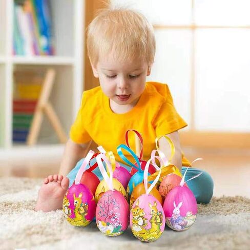 12Pcs Easter Eggs Hanging Tree Ornaments with Cartoon Rabbit Painting for Easter Decorations in Saudi Arabia