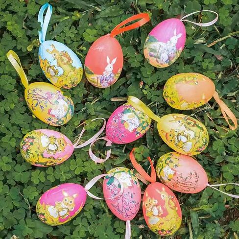 12Pcs Easter Eggs Hanging Tree Ornaments with Cartoon Rabbit Painting for Easter Decorations in Saudi Arabia