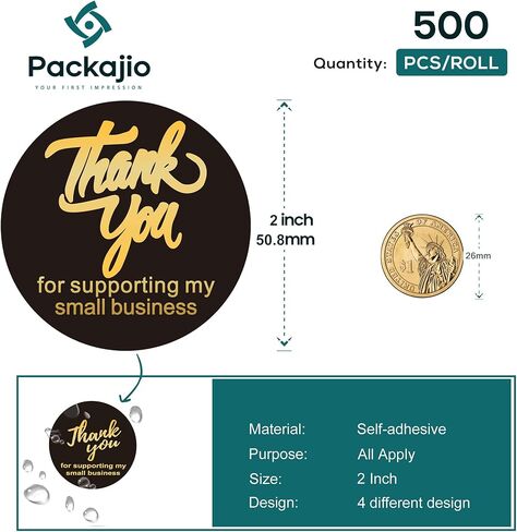 Thank You Stickers Small Business –500 PCS 4 Designs, 2" Inch, Durable, Self-Adhesive & Waterproof Black -Round Thank You Stickers Roll, Birthdays, Weddings, Packaging, Envelopes Seal, and Gift Wraps in Kuwait