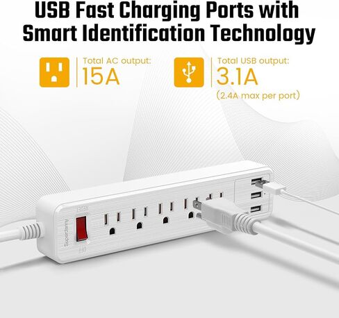10Ft Extension Cord with Multiple Outlets, SUPERDANNY Flat Plug Surge Protector Power Strip 10 Ft Long Cord, 6 Outlets & 3 USB Ports, Charging Station for Home Office, College Dorm Room Essentials in Kuwait