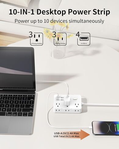 Power Strip with 6 AC Outlets and 4 USB-A Ports,Wall Mount 45° Angled Plug Charging Station with Power Switch, 3Ft Extension Cord for Cruise Ship, Dorm Room, Travel Essentials, White in Saudi Arabia