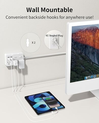 Power Strip with 6 AC Outlets and 4 USB-A Ports,Wall Mount 45° Angled Plug Charging Station with Power Switch, 3Ft Extension Cord for Cruise Ship, Dorm Room, Travel Essentials, White in Saudi Arabia