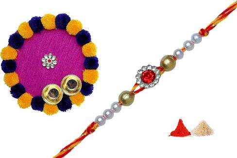 Rakhi Thali Plate Platter with Rakhi for Brother small Decorative Puja Pooja Thali with Rakhi Thread for Bhai Bhabhi Festival Raksha Bandhan Gift Set, Aarti Pooja Rituals & Gifting ( Size- 6") in Saudi Arabia