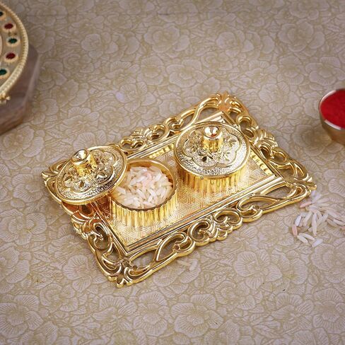 SATVIK 1 Pc Golden Decorative Designer Roli Chawal/Rice Holder, Kumkum Haldi Holder Rakhi Pooja Thali Indian Festival Diwali Pujan Mandir Tika Roli Plate Housewarming Gifts Items Pack in Saudi Arabia