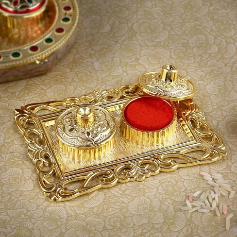 SATVIK 1 Pc Golden Decorative Designer Roli Chawal/Rice Holder, Kumkum Haldi Holder Rakhi Pooja Thali Indian Festival Diwali Pujan Mandir Tika Roli Plate Housewarming Gifts Items Pack in Saudi Arabia