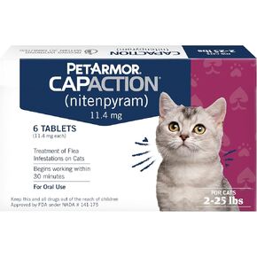 Petarmor Capaction (Nitenpyram) معالجة السلع المستعملة عن طريق الفم للقطط ، تبدأ أقراص سريعة التمثيل في قتل البراغيث في 30 دقيقة ، والقطط 2-25 رطلاً ، و 6 جرعات