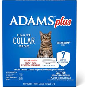Adams Plus Flea & Tick Collar for Cats ; Breakaway Collar ; 1 White Collar ; 7- Month Protection ; Kills & Repels Fleas, Flea Eggs, Flea Larvae and Kills Ticks, Tick Nymphs, and Tick Larvae