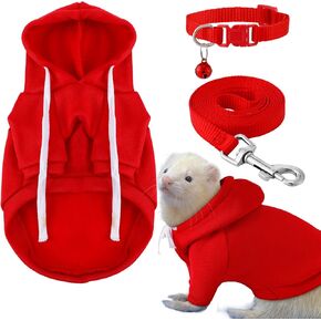 Cunno 3 Pcs Ferret Accessories Soft Ferret Sweatshirt Safe Bell Collar Snow Marten Harness and Leash Set for Hamster Guinea Pig Chinchilla Teacup Chihuahua(Red)