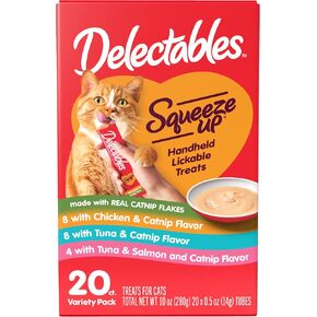 Delectables Squeeze Up Catnip Variety Pack, Creamy Squeezable Puree, Lickable Wet Cat Treats, Grain Free, No Added Fillers, No by-Products, No Added Preservatives, 0.5 Ounces Tube, 20 Tubes Total in Kuwait