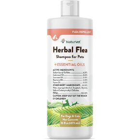 NaturVet Herbal Flea Pet Shampoo with Essential Oils – Helps Against Fleas, Insects – Deodorizing Dog Shampoo – Includes Rosemary, Cedarwood, Geranium, White Thyme Oils – 16 Oz.