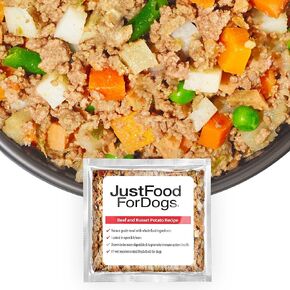 JustFoodForDogs Frozen Fresh Dog Food, Complete Meal or Dog Food Topper, Beef & Russet Potato/Turkey & Whole Wheat Macaroni Human Grade Dog Food Recipe, 5.5 oz (Pack of 36)