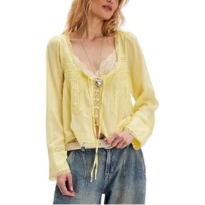 Women Lace Tie Front Top Y2k Coquette Long Sleeve Button Up Chiffon Cardigan Flowy Boho Peplum Shirt Going Out Tops
