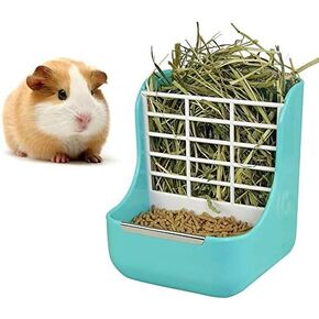 Rabbit Feeder, Hay Food Bin Feeder, Pink (Plastic), Adjustable, Removable Grass Rack, Stainless Steel Edge, for Rabbit, Guinea Pig, Chinchilla