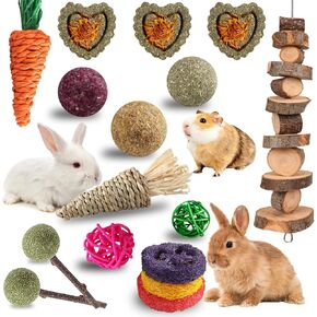 Grddaef 20 PCS Bunny مضغ ألعاب للأسنان ، ألعاب أرنب طبيعية التفاح الخشب العشب تيموثاوس العصي المضغ وعلاج الخنازير الغينية الهامستر شينشيلاس