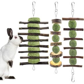 ERKOON Bunny Chew Toys, Rabbit Chew Toys for Teeth Grinding, Improve Dental Health, 100% Natural Apple Wood Timothy Grass Cake Treats for Rabbits Guinea Pigs Chinchillas Bunnies Hamsters (3 Pcs)