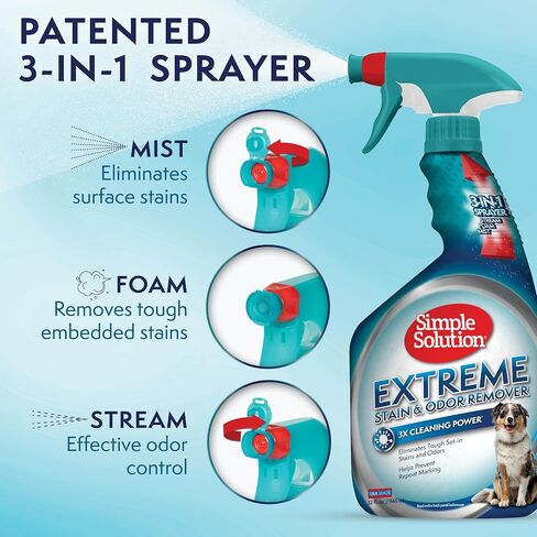 Simple Solution Extreme Pet Stain and Odor Eliminator Spray, Enzymatic Cleaner With 3X Pro-Bacteria Cleaning Power for Dogs & Cats, Strong Urine, Pee and Poop Smell Remover for Carpets & Floors, 32 oz in Saudi Arabia