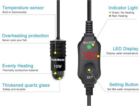 YukiHalu USB Powered Aquarium Heater, 10W Adjustable Mini Fish Tank Heater with External Temperature Controller, LED Display, Used for 0.5-1 Gallon Tank (10W USB) in Saudi Arabia