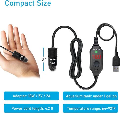 YukiHalu USB Powered Aquarium Heater, 10W Adjustable Mini Fish Tank Heater with External Temperature Controller, LED Display, Used for 0.5-1 Gallon Tank (10W USB) in Saudi Arabia