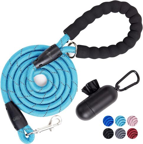 GORILLA GRIP Dog Leash, Heavy Duty Reflective Rope Leashes for Large, Medium, Small Breed Dogs, Puppy Training Essential for Walks, Hikes, Soft Handle, Rotating Metal Clip, Waste Bag Dispenser, Black in Saudi Arabia