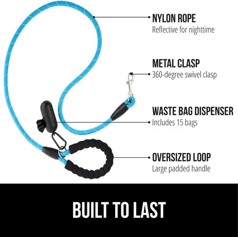 GORILLA GRIP Dog Leash, Heavy Duty Reflective Rope Leashes for Large, Medium, Small Breed Dogs, Puppy Training Essential for Walks, Hikes, Soft Handle, Rotating Metal Clip, Waste Bag Dispenser, Black in Saudi Arabia