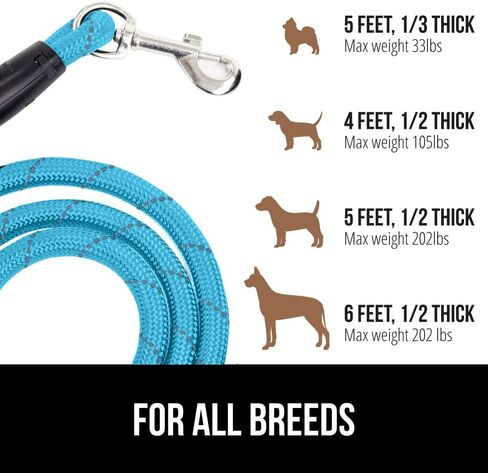 GORILLA GRIP Dog Leash, Heavy Duty Reflective Rope Leashes for Large, Medium, Small Breed Dogs, Puppy Training Essential for Walks, Hikes, Soft Handle, Rotating Metal Clip, Waste Bag Dispenser, Black in Saudi Arabia