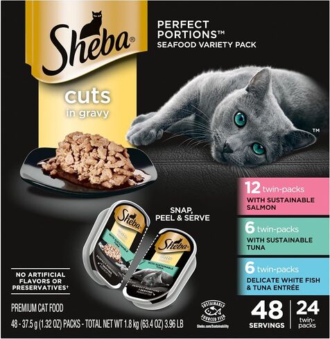 Sheba Perfect Portions Wet Cat Food Cuts in Gravy Variety Pack, Roasted Chicken Entree, With Sustainable Salmon, and Tender Turkey Entree, 2.6 oz. Twin-Pack Trays (24 Count, 48 Servings) in Saudi Arabia