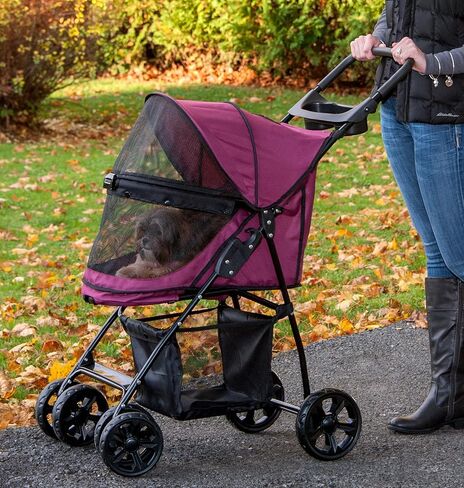 Pet Gear No-Zip Happy Trails Lite Pet Stroller for Cats/Dogs, Zipperless Entry, Easy Fold with Removable Liner, Safety Tether, Storage Basket + Cup Holder, Red Plum in Kuwait