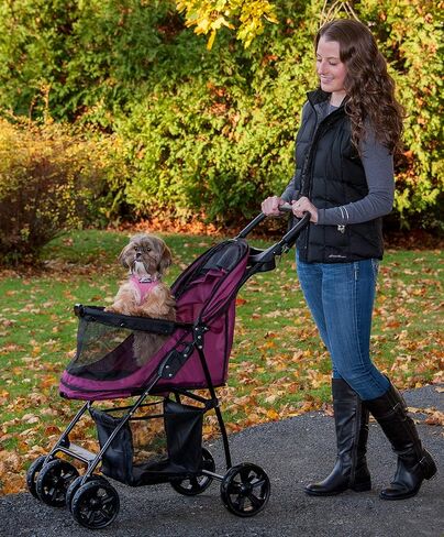 Pet Gear No-Zip Happy Trails Lite Pet Stroller for Cats/Dogs, Zipperless Entry, Easy Fold with Removable Liner, Safety Tether, Storage Basket + Cup Holder, Red Plum in Kuwait