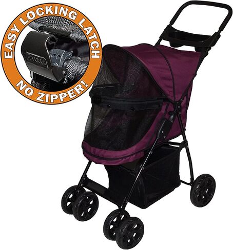 Pet Gear No-Zip Happy Trails Lite Pet Stroller for Cats/Dogs, Zipperless Entry, Easy Fold with Removable Liner, Safety Tether, Storage Basket + Cup Holder, Red Plum in Kuwait
