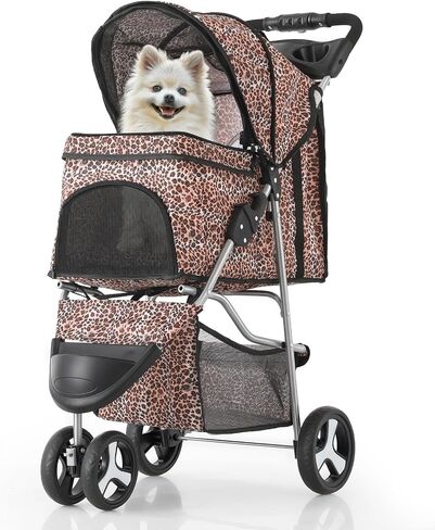 MoNiBloom 3 Wheels Pet Dog Cat Stroller for Small Medium Dogs Cats, Lightweight Foldable Jogger Stroller w/Storage Basket & Cup Holder, Leopard Print in Saudi Arabia
